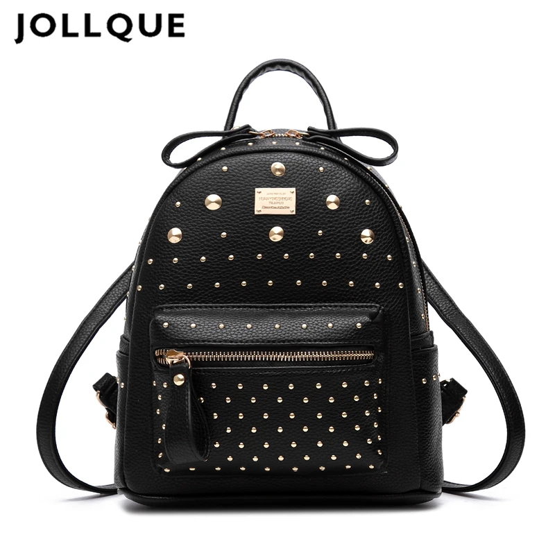 JOLLQUE High quality Rivet Backpack Teenage Girls Women Travel Daypack School Student Bag Lady Leather Backpack