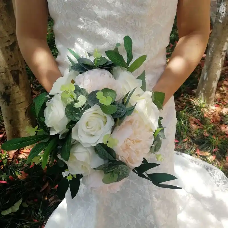 Ivory And Eucalyptus Bridal Bouquet Pink Peony Flower Silk Wedding