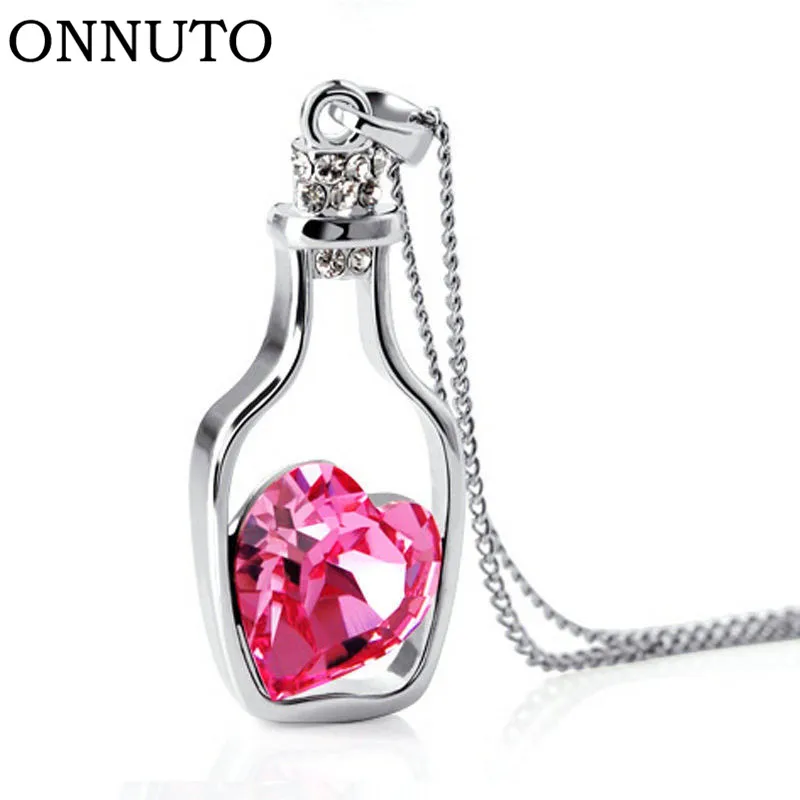 

Vintage Silver Chain Crystal Heart Wishing Bottle Necklace Pendant Charm Choker Statemen Necklace Women Jewelry
