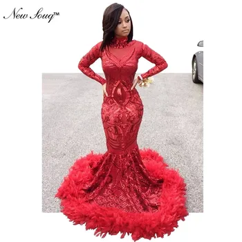 

Luxury Feather Red Sequin Evening Dress Long Sleeve Islamic Dubai Kaftan African Prom Dresses Vestido De Festa Muslim Party Gown