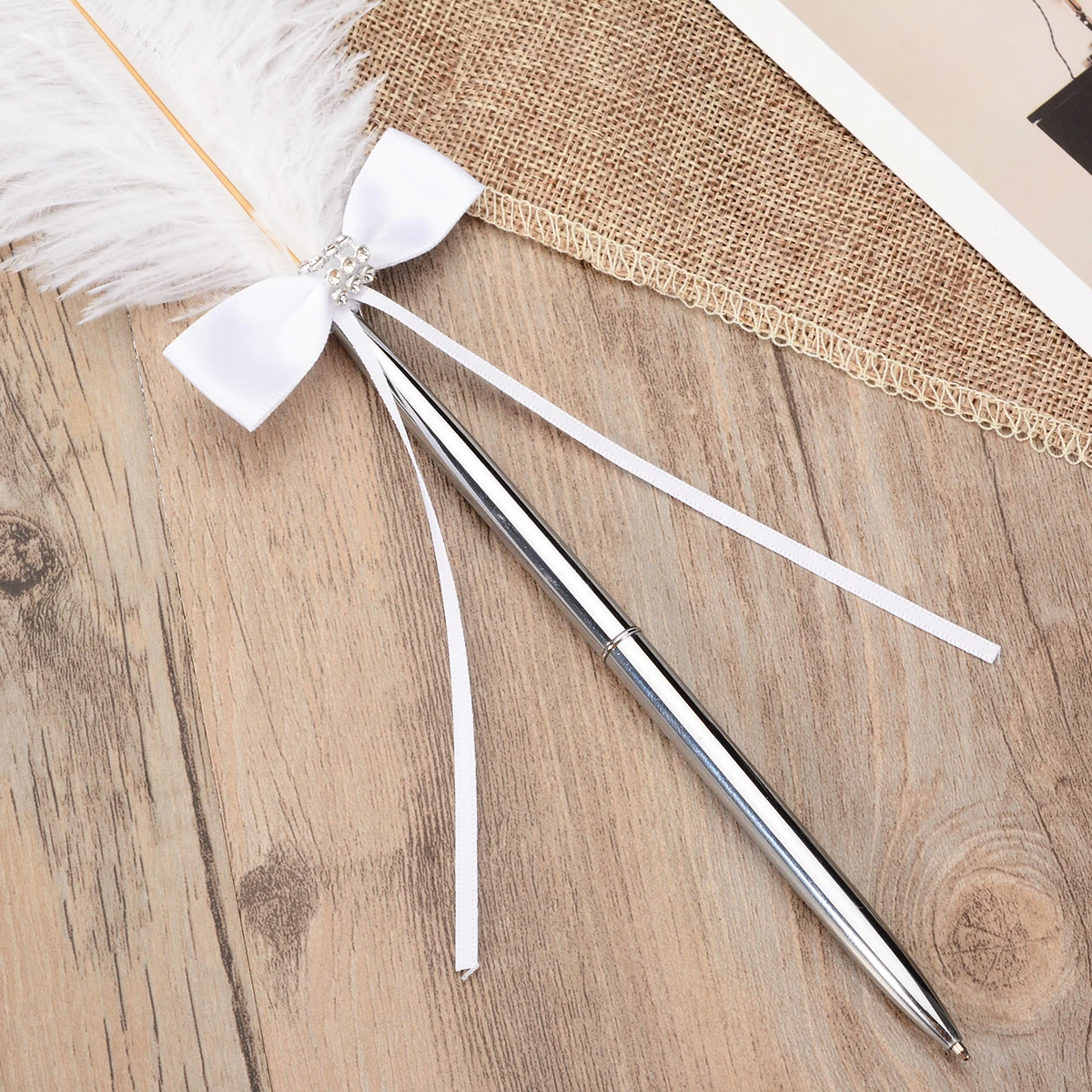 1pc Feather Wedding Guest Signing Pen Ostrich Quill Feather Bowknot Diamante Pen For School Party Stationery Gift