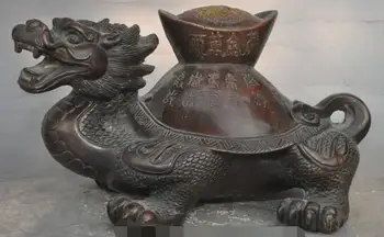 

S00714 9"chinese fengshui bronze wealth yuanbao longevity dragon turtle tortoise statue