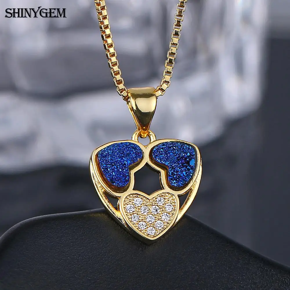 Ожерелья с кулоном в виде сердца ShinyGem Druzy радужные симметричные ожерелья тройным