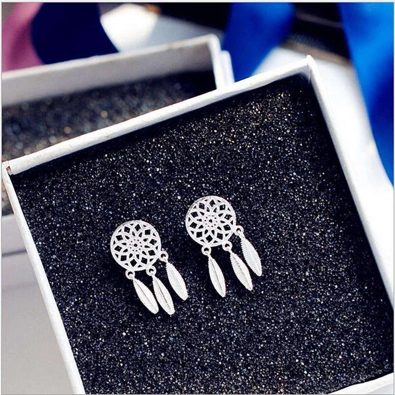 

925 Sterling Silver Dream Catcher Feather Tassels Stud Earrings For Women Girl Gift Dreamcatcher Earrings VES6055