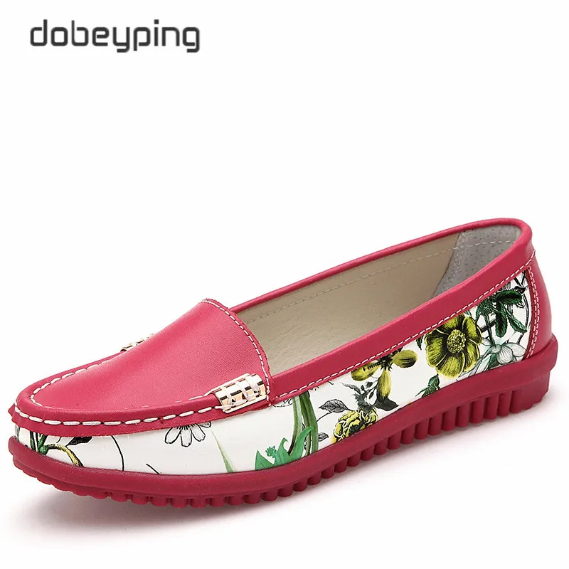 

Fashion Printing Flower Women's Casual Shoes Soft Genuine Leather Women Flats Slip On Female Loafers New Moccasin Lady Boat Shoe