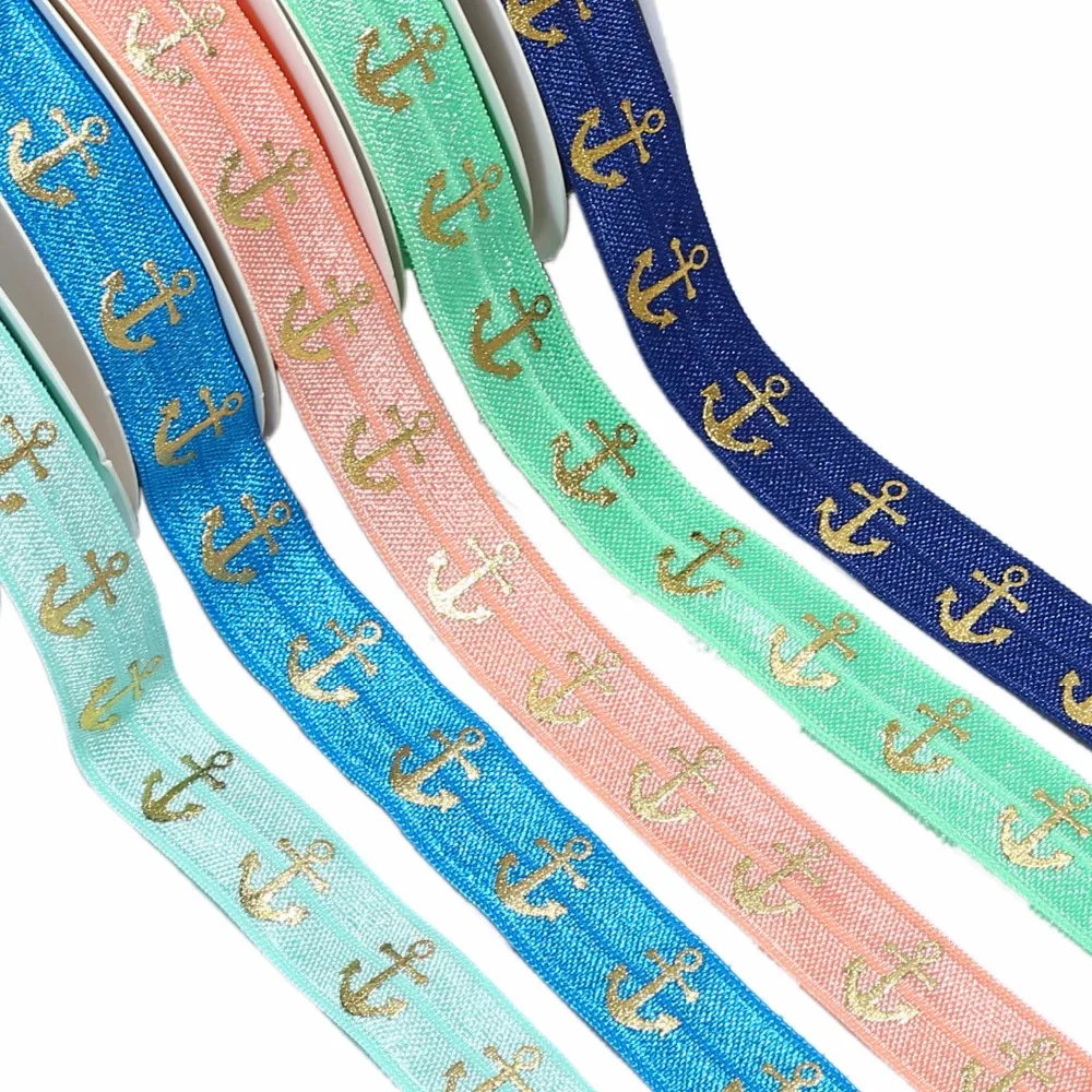 

5/8" gold foil anchor printed foe elastic ribbon fold over elastic for DIY welcome custom