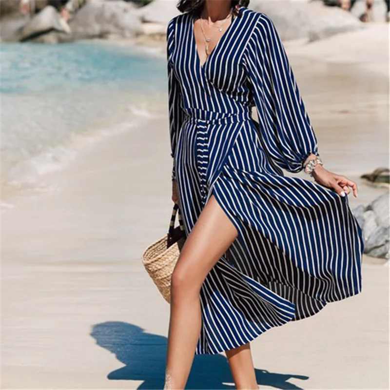 Синий полосатый купальный костюм накидка пляжная туника саронг халат de Plage пляжная одежда кафтаны длинное летнее пляжное платье женская одежда для плавания# Q492