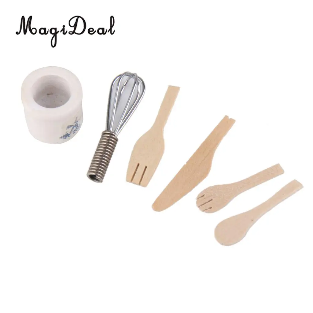 MagiDeal 1/12 Dollhouse Miniature Wooden Kitchenware Set Eggbeater Spoon for School Children Kitchen Pretend Play Tableware Toy