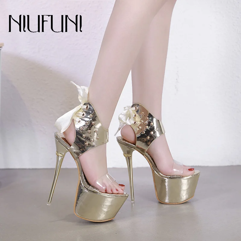 

Sexy Peep Toe Rivet Women's Sandals Stiletto Super High Heels 2020 Waterproof platform Female Wedding Party Transparent Shoes