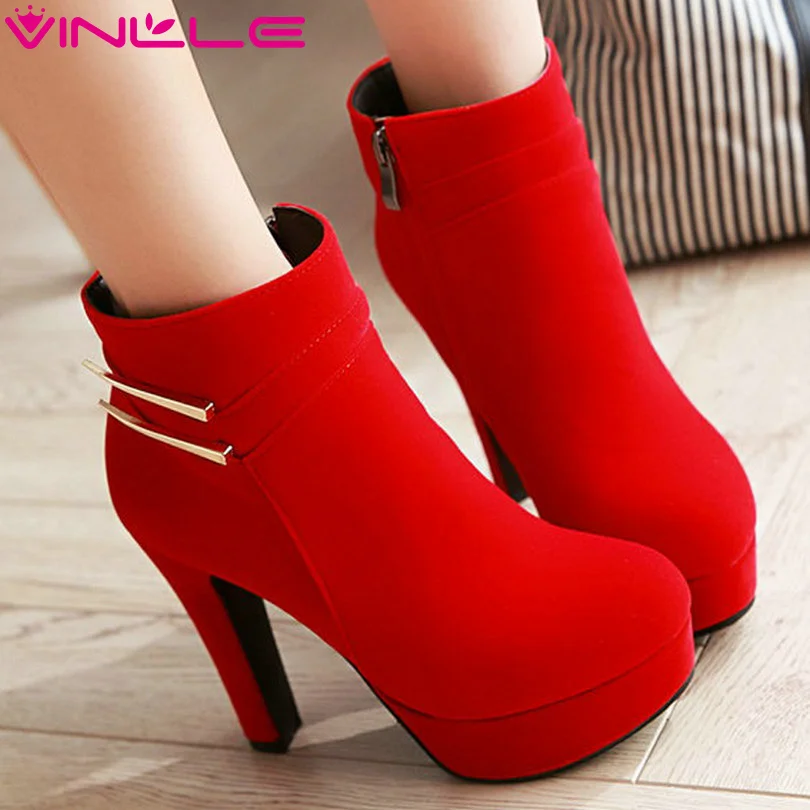 

VINLLE 2016 Women Shoes Square High Heel Sexy Flock Autumn and Winter Zipper Ankle Boots Pointed Toe Ladies Boots Size 34-43