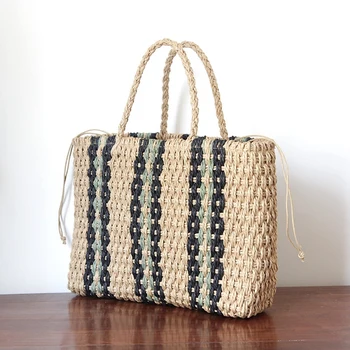 

Portable Square Stripe Straw Bag Fashion Large Capacity Woven Shoulder Bags Single Beach Bag Female Big Handbag