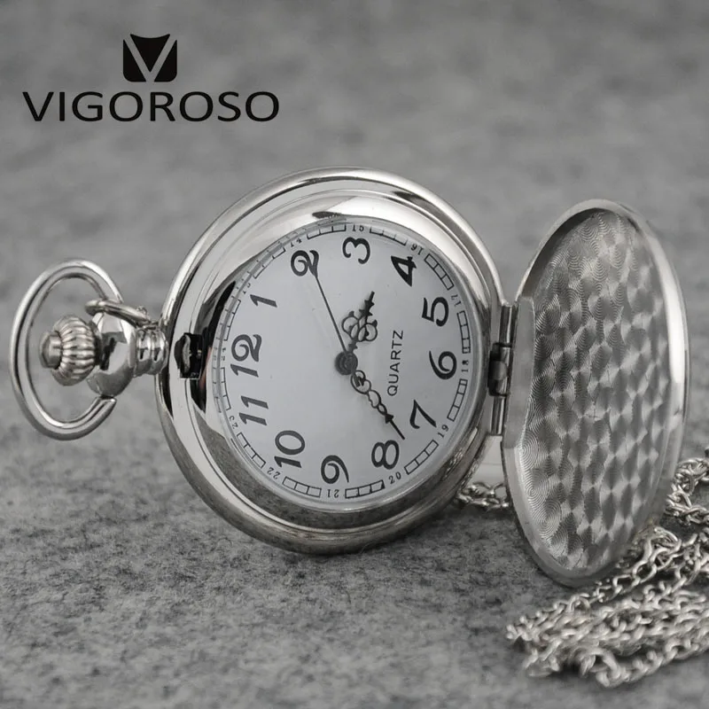VIGOROSO, арабские цифры, кварцевые карманные часы, белый циферблат, мужские часы, Лидирующий бренд, винтажный стиль, серебристый цвет, женский подарок