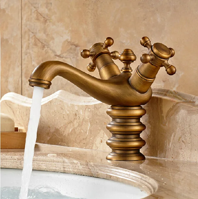 One Hole Dual Cross Handle Bathroom Basin Faucet Deck Mount Brass Antique Washbasin Mixer Taps