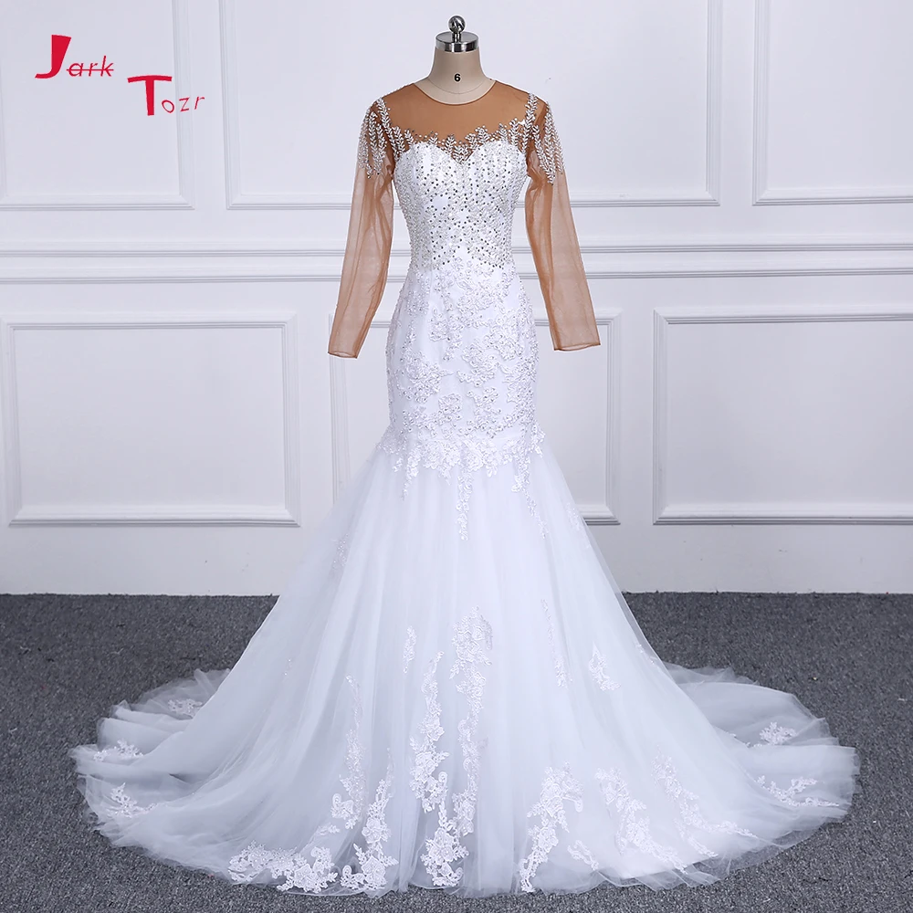 

Jark Tozr 100% Real Picture Champagne White Lace Bodice Mermaid Wedding Dress Elegant Zipper Back Vestido de Noiva 2019 Gelinlik
