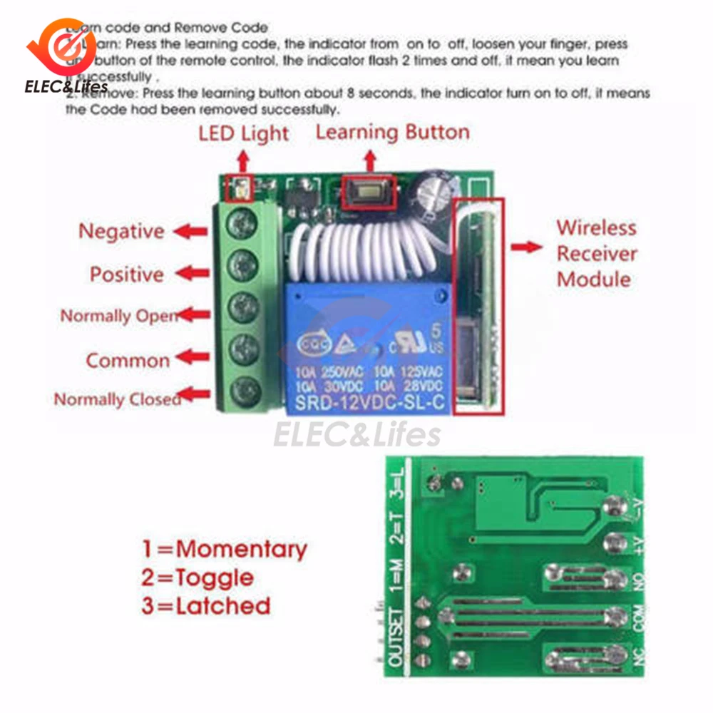 DC 12V 10A реле задержки времени 433mhz 315mhz RF умный беспроводной пульт дистанционного управления приемник 1 способ самоблокирующееся реле MCU декодирование