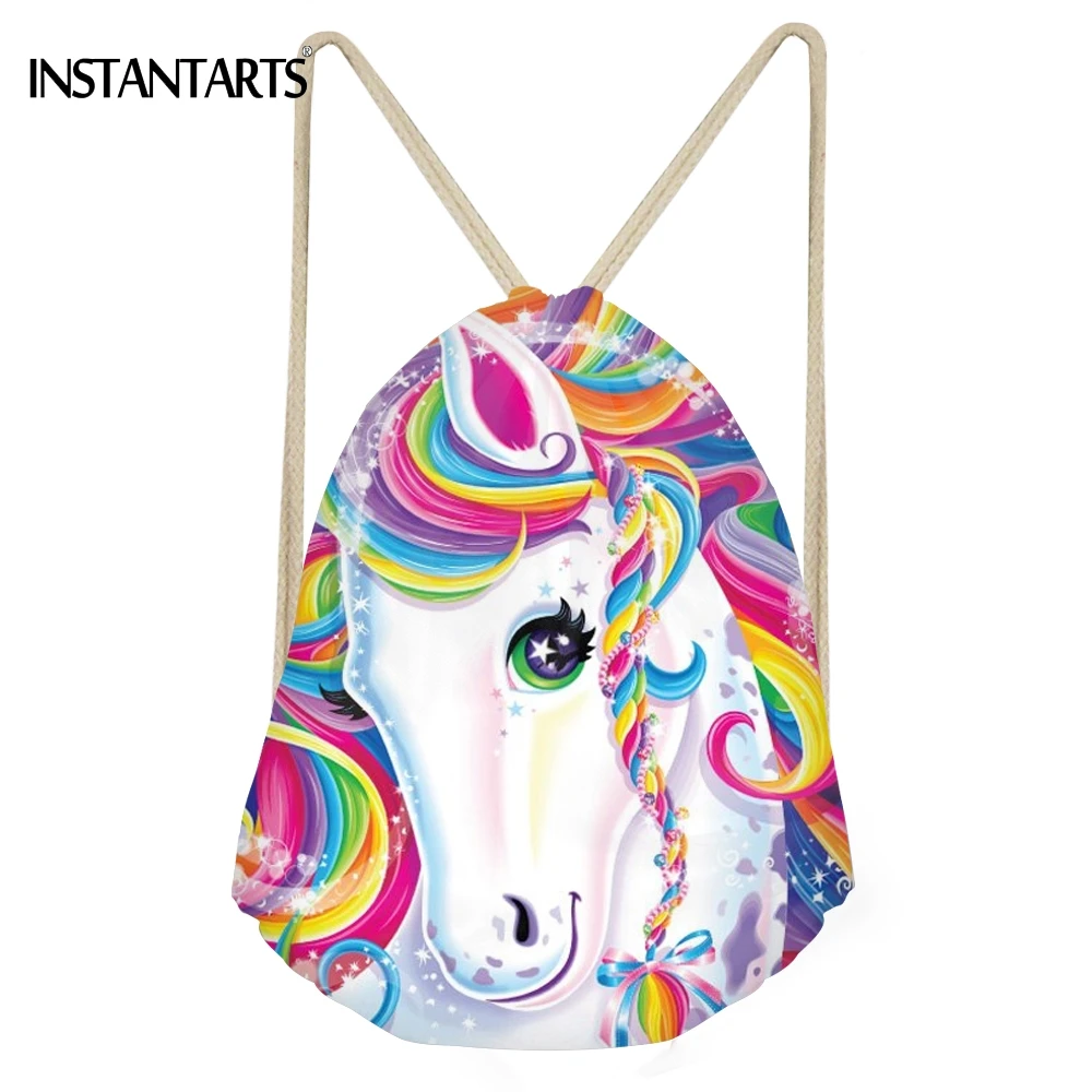 INSTANTARTS Funny Cartoon Rainbow horse/Colorful Horse Print Women Drawstring Bags Fashion Beach Bags Teenagers Girls Bookbags