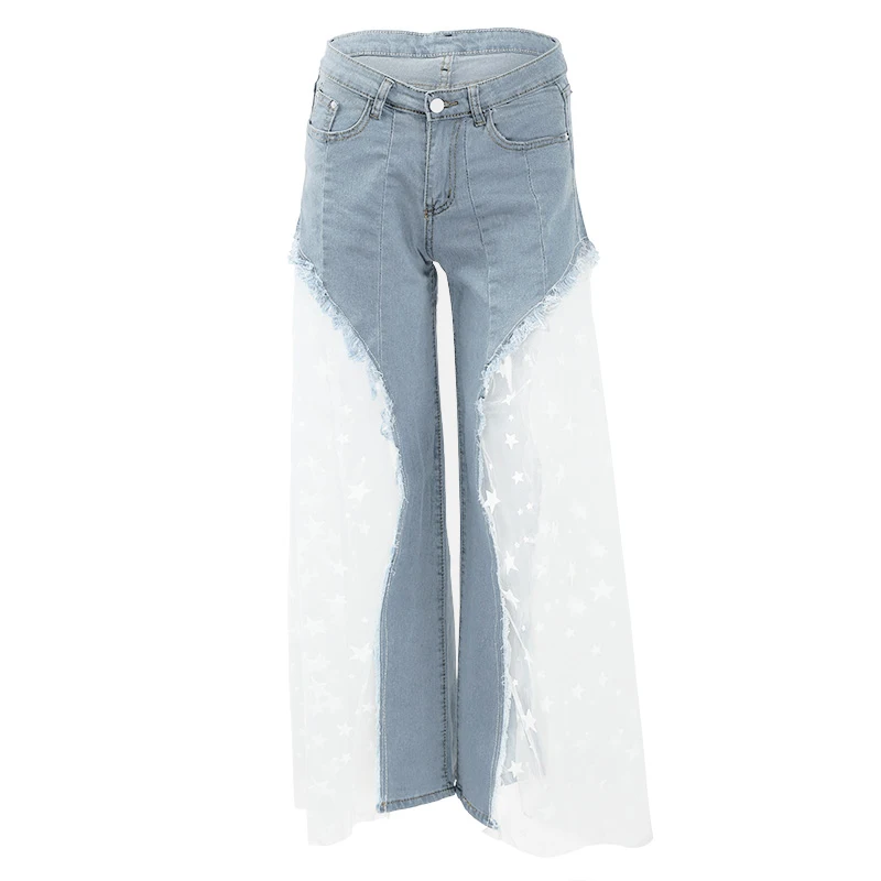 Сексуальные Женщины Широкие Штаны Ноги Sheer Mesh Star Print Splice Джинсовые Брюки Высокой