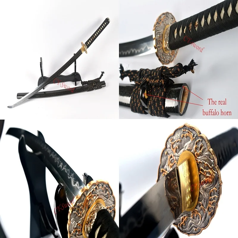 

Japanese Samurai Katana Clay Tempered Sanmai Laminated Blade Wave Tsuba Sword
