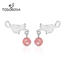 Todorova маленький кот натуральный Клубника Кристалл бусинка из лунного камня Серьги гвоздики для женщин девочек подарок oorbellen