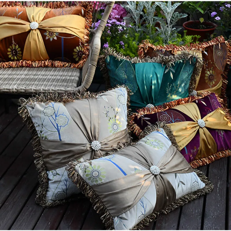 

DUNXDECO Cushion Cover Waist Decorative Pillow Case Modern Luxury Velvet Flora Embrodiery Rhinestone Pearl Decorating Coussin