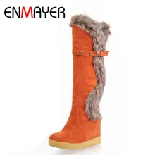 ENMAYER/женские зимние сапоги на высокой танкетке, теплая зимняя обувь на меху женские сапоги до колена с кроличьим мехом на платформе В рыцарском стиле