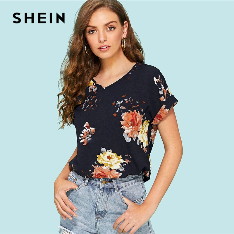 

SHEIN Roll Up Sleeve Floral Top 2018 Summer Short Roll Up Sleeve V Neck Cool Blouse Clothing Woman Flower Print Vacation Blouse