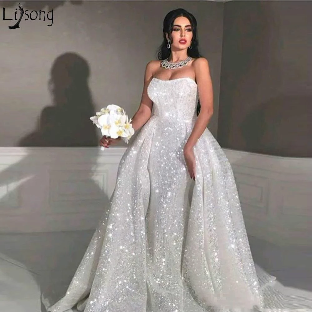 2019 Glitter Mermaid Arabic Wedding Dresses With Detachable Train Sweetheart Full Sequins Plus Size Overskirt Bridal Gowns Wedding Dresses Aliexpress 2019 glitter mermaid arabic wedding dresses with detachable train sweetheart full sequins plus size overskirt bridal gowns