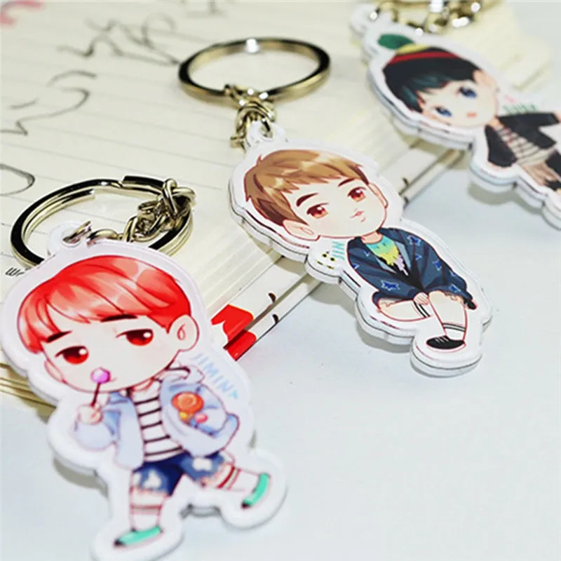 

Newest Cute Kpop Bangtan Boys Acrylic Keychain JIMIN JUNGKOOK V Cartoon Character Pendant Bag Accessories Key Ring