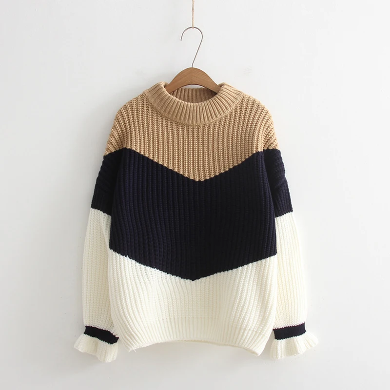 2019 Sweater Fashion Female New Korean Version Set Lotus Leaf Sleeves Thick Sweet Student Thick Line Knitted Shirt Autumn Winter