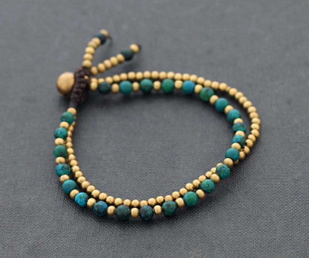 

2018 Punk Jewelry Thai Style two layers weave brass bead natural stone charm women men bangle bracelet for couples handmade