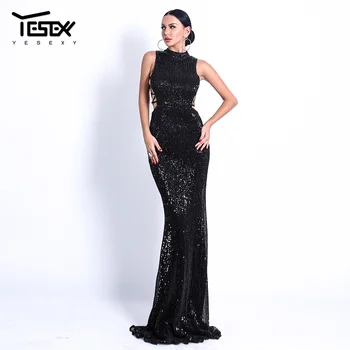 

Yesexy 2020 Sexy O neck Elegant Sequin Women Dresses Lace Up Bodycon Maxi Party Reflective Dress Vestidos VR18482