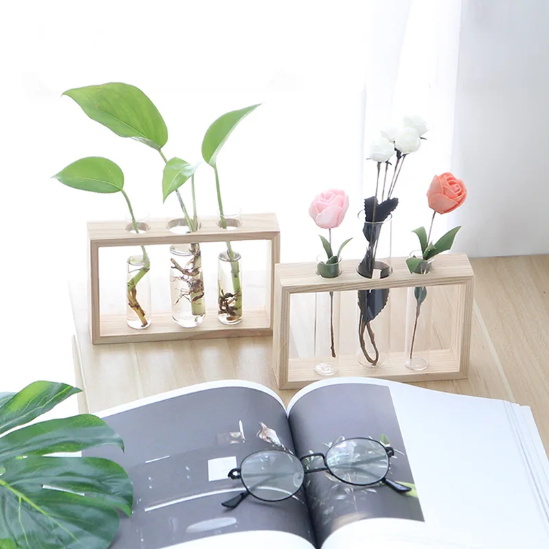 

Modern Flower Bud Vase with Wood Stand Tabletop Glass Terrarium for Propagating Hydroponics Plants,Home Office Decoration