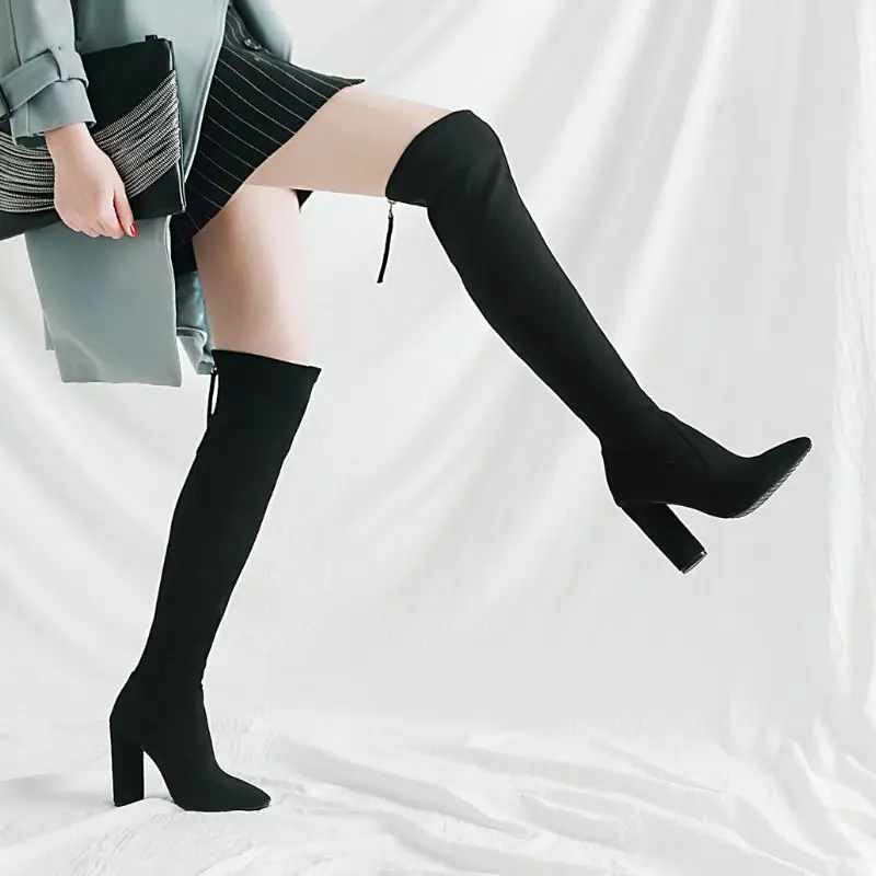 KemeKiss/ г. Новые модные женские сапоги женские зимние теплые сапоги выше колена обувь на высоком толстом каблуке на молнии женская обувь, размер 33-46
