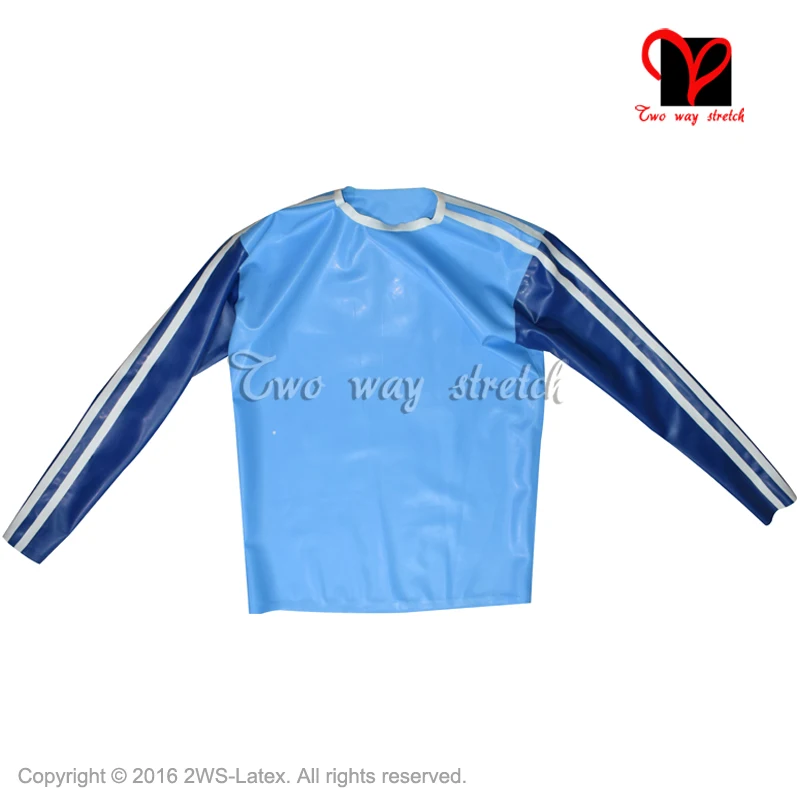 Blue with white stripes Sexy Latex shirt round collar Top rubber Tee shirt clothes coat clothing T shirt XXXL plus SY-071