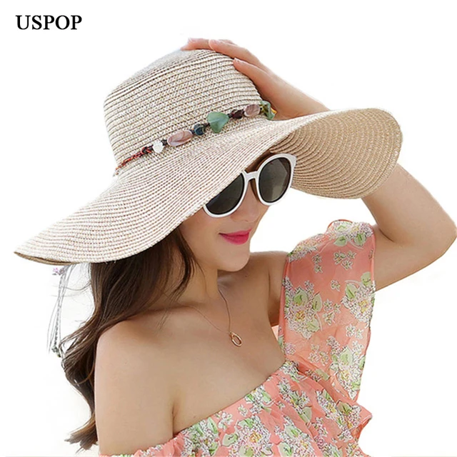 Women big brim sun hats foldable colorful stone hand made