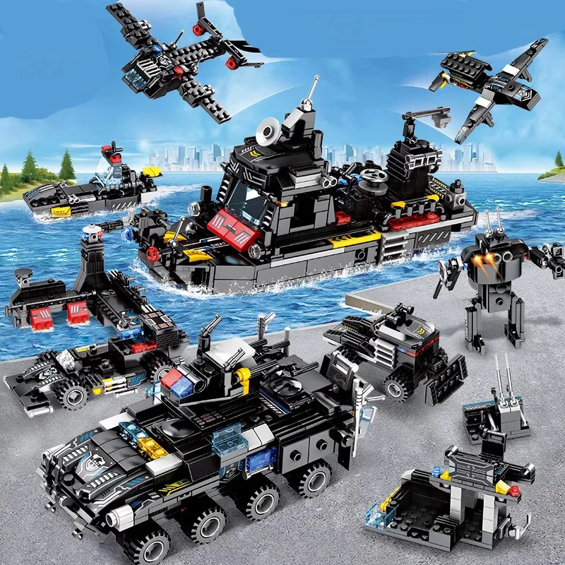 

8pcs/lot SWAT City Police Truck Stacking Blocks Sets Ship Helicopter Vehicle Creator Bricks Playmobiled Kids Toys