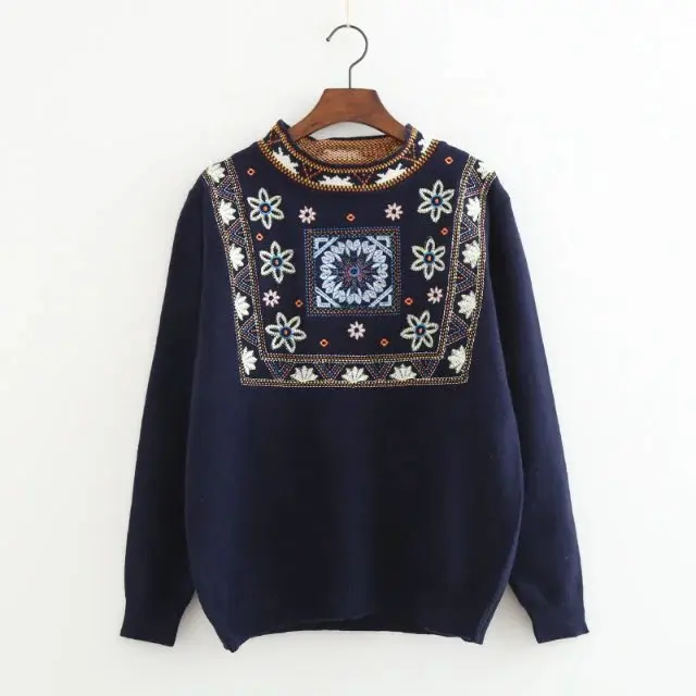 Autumn New Women Pullover Knitted Embroidery Sweaters National Wind