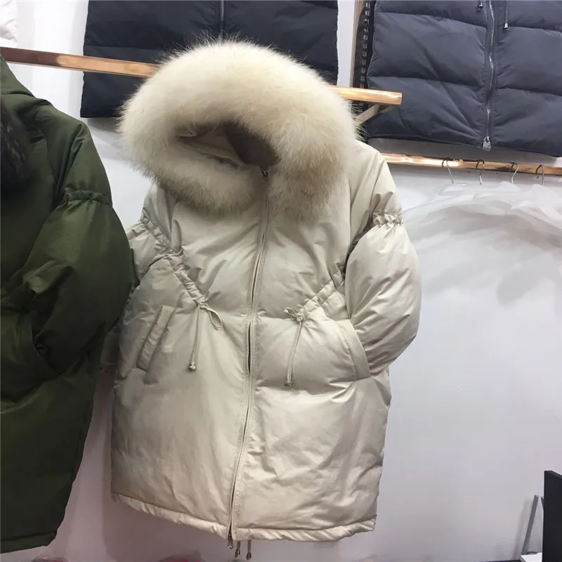 Женское зимнее теплое пуховое пальто с меховым воротником и капюшоном, пуховая куртка Campera Pluma Mujer, пуховик на утином пуху