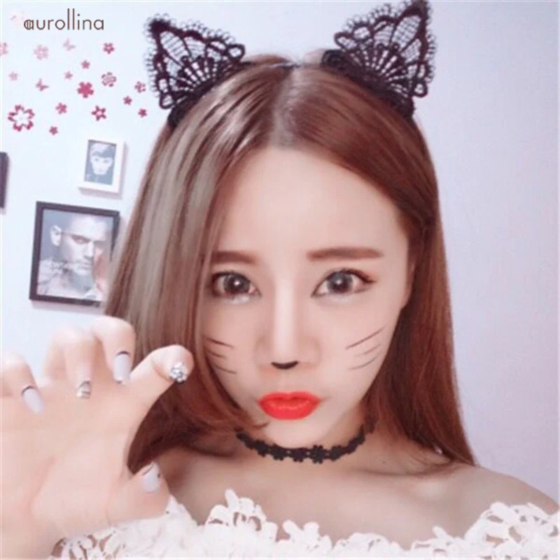 Sexy Adult Woman Flirting Innocent Headband Lace Hollowout Cat Ear Catwoman Kitten Ear Cute Hairband (8)