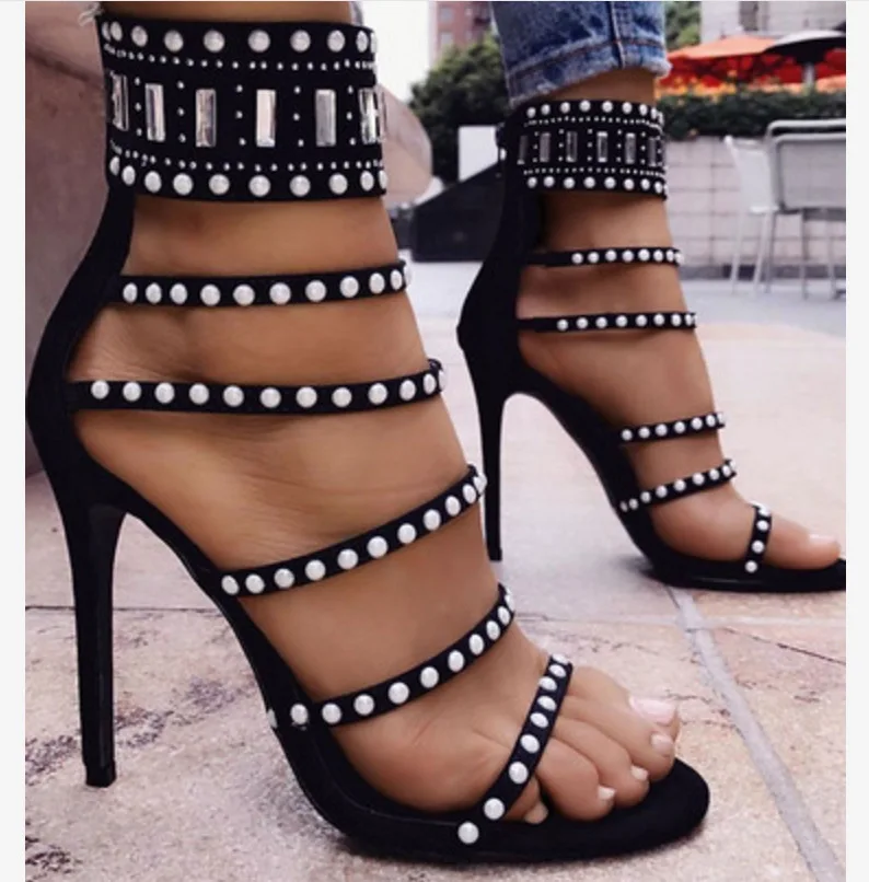 

2018 New Arrival Women Sandals Peep Toe Fashion High Thin Heel Sexy Summer Spring Rivet Decoration Zipper Covered Narrow Band