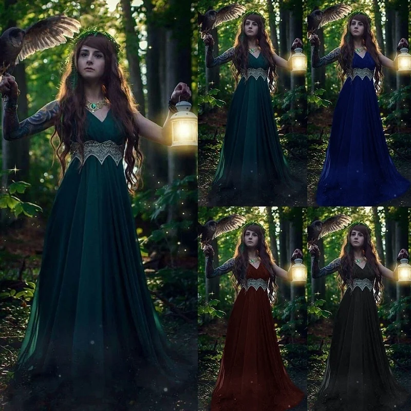 

Plus Size Women's Fashion Medieval Long Sleeve Dress Cosplay Renaissance Floor Length Dress Vintage Gothic Maxi Dress