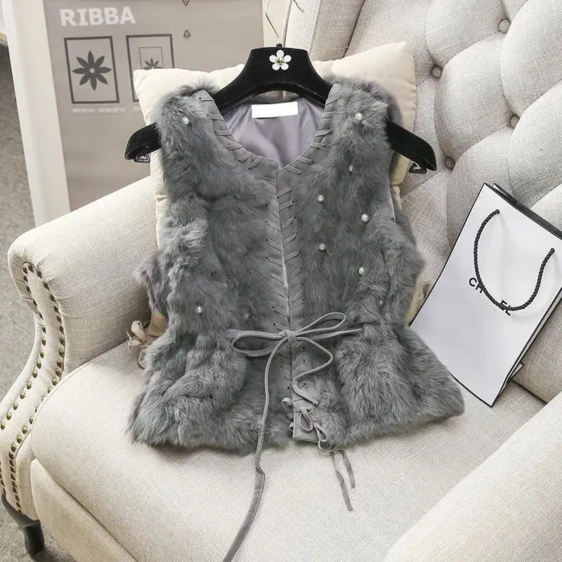 MUMUZI Women Genuine Natural Real rabbit fur Vests slim waist beaded Waistcoat short gilet coats with tassels Raccoon Fur collar Coats
