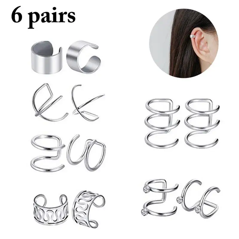 

6 Pairs Fashion Punk Rock Ear Clip Cuff Wrap Earrings No Piercing-Clip On Cartilage Wrap Silver Earring Clothing Accessories