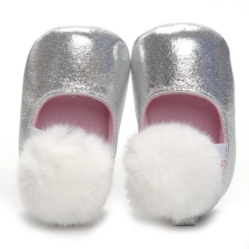 

New Spring Autumn Baby Fur Soft Bottom Princess Soft Shoes Cute Feather Silver