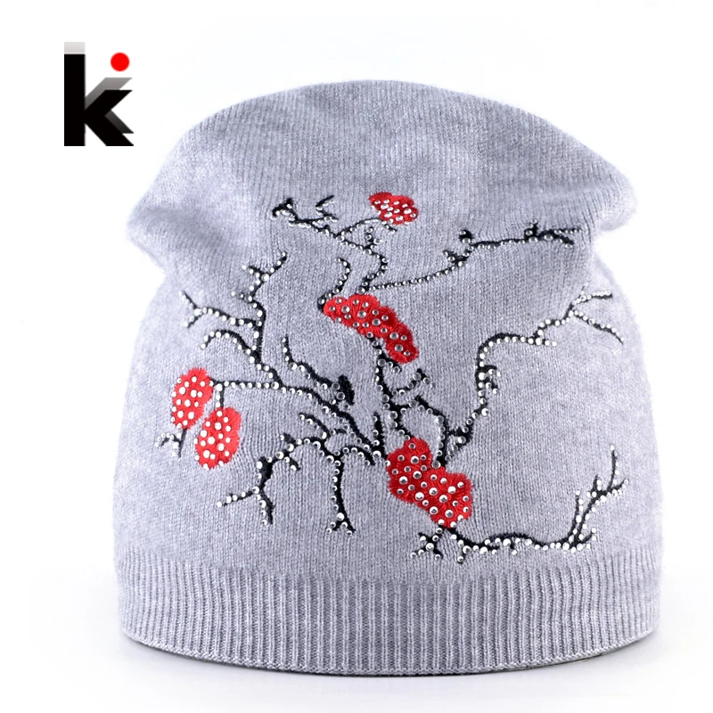 

Femal Beanies Hat Women Autumn And Winter Plum Flower Embroidery Knitted wool Cap Ladies Knitting Skullies Bonnet Girls Gorros