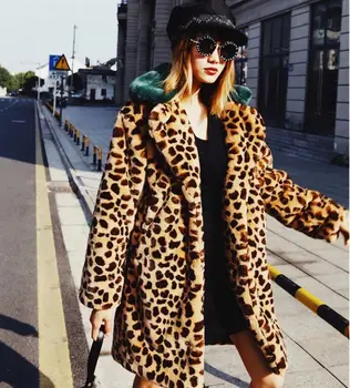 

HCBLESS 2018 winter new women thick quilted color matching leopard imitation fur coat warm women's clothing