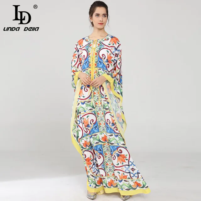 LD LINDA DELLA 2021 New Runway Maxi Dress Women's Batwing Sleeve Halter Loose Ruffles Casual Floral Print Boho Beach Long Dress 1