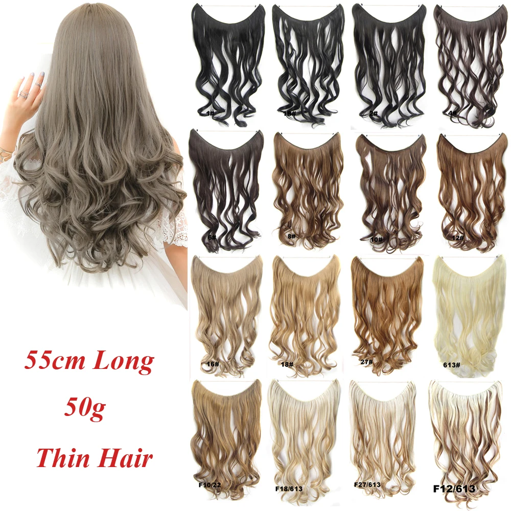 Thin 22inch Wave Fish Line Hair Extensions Synthetic Halo Hair