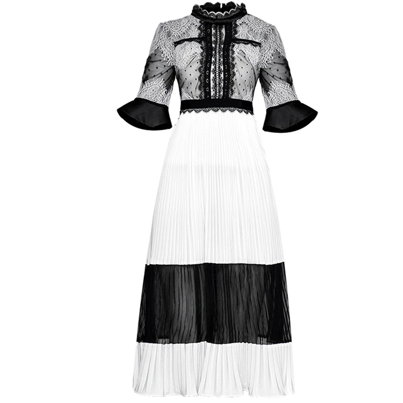 

Flare Sleeve Lace Patchwork Midi Pleated Dress Women Summer Runway Elegant Boho Sexy Elegant Beach Party Vestido