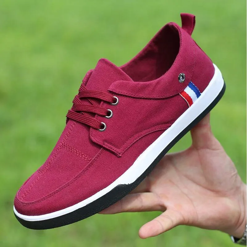 Red Men Casual Shoes Denim Canvas Shoes Lace Up Breathable Male Rubber ...